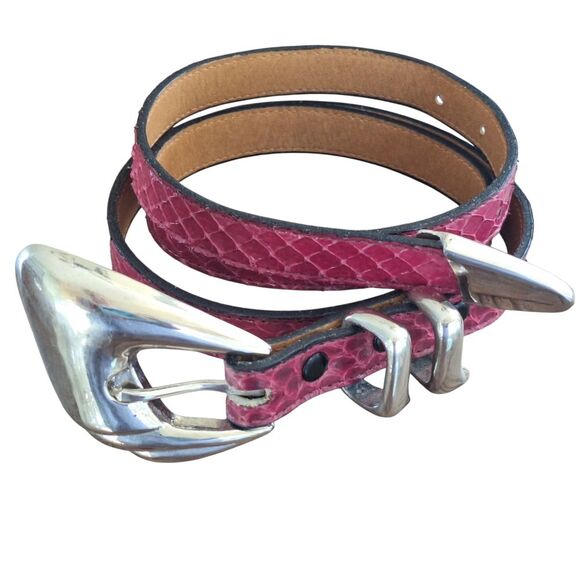 Genuine Snakeskin Belt Chrome Buckle Apple Acc of DE NY Magenta VTG 1970s Sz L - Picture 1 of 16